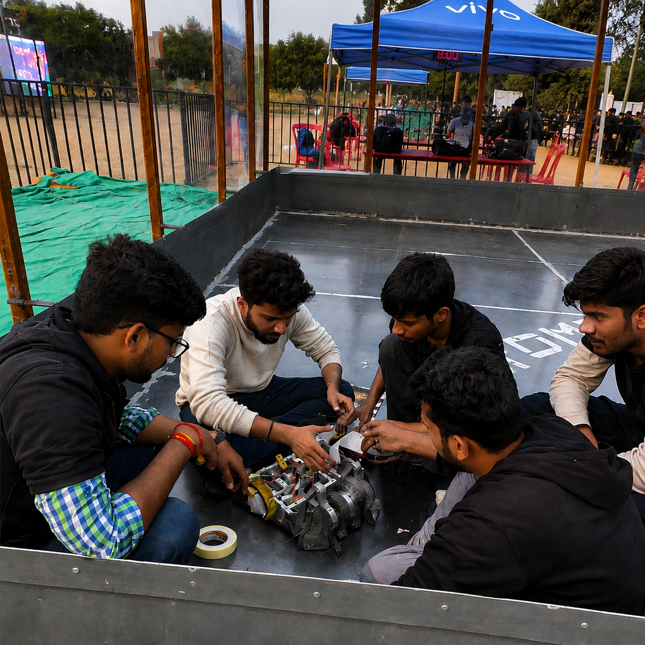 Grobots members assembling a robot in the club lab